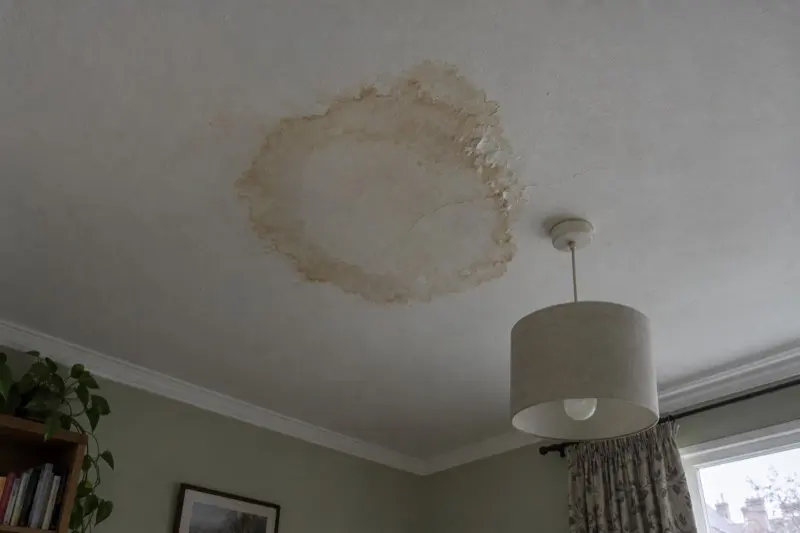 A brown water stain spreading across a living room ceiling