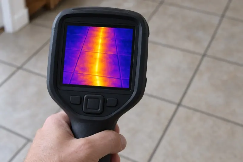 A leak detection engineer's thermal imaging camera showing a warm pipe under a tiled floor